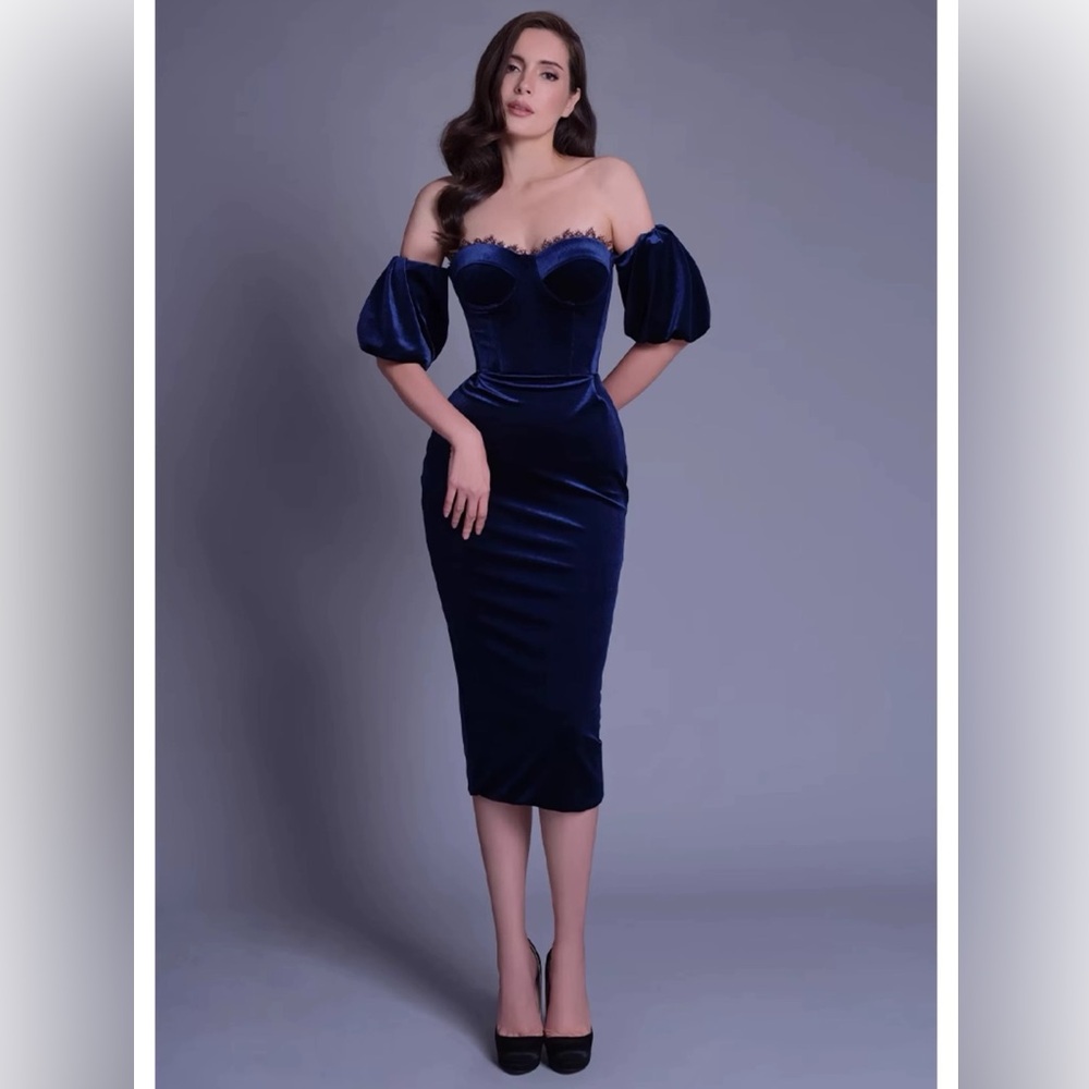 🛑Poem Bangkok Chic Off-Shoulder Navy Midi Dress